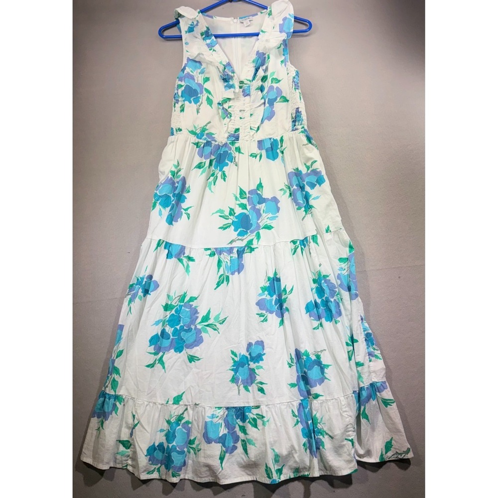 J Crew Re-Imagined Dress Womens 12 White Blue Floral Tiered Ruffle Cotton Midi